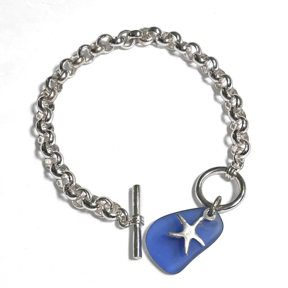Blue Sea Glass Starfish Bracelet Silver Plated Rolo Chain Toggle Clasp 8